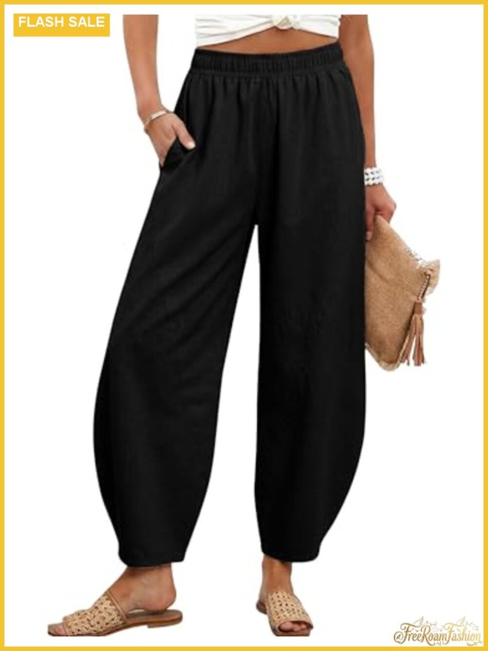 Women's Capri Wide Leg Barrel Pants High Elastic Waist Cotton Blend Loose Fit